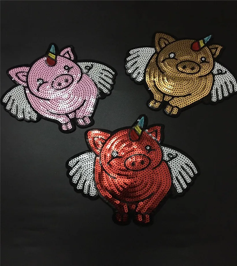 NEW 1pcs Sequins wings horns pig patches beauty Embroidery Fabric Large Applique Patch Sew Dress Cloth Decorate Accessory DIY | Дом и сад