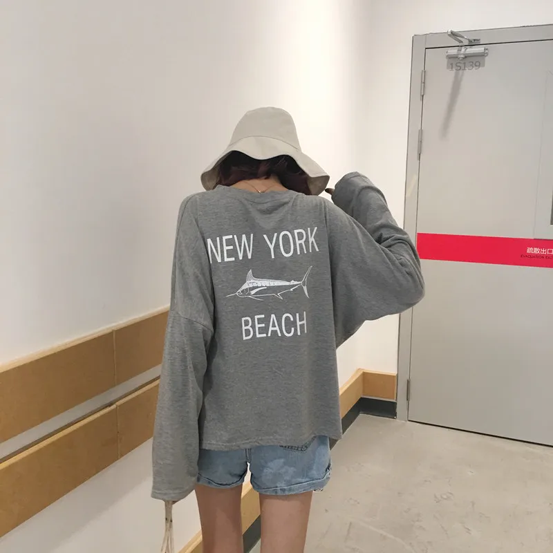 Camiseta Mujer, Новинка осени, Корейская футболка Ulzzang Harajuku с длинным рукавом и принтом акулы, свободная футболка с круглым вырезом для женщин, повседневные футболки