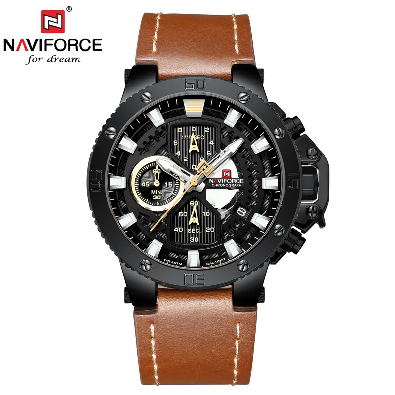 Мужские часы NAVIFORCE от ведущего бренда, роскошные спортивные часы с хронографом, военные армейские наручные часы, кожаные кварцевые мужские часы 9159 - Цвет: NA915904 without box