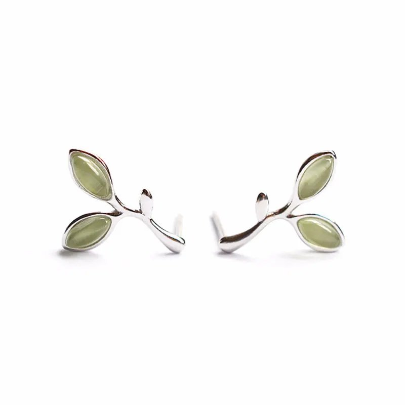 

YPAY 100% Real 925 Sterling Silver Green Opal Leaves Buds Stud Earrings For Women Prevent Allergy Fine Party Jewelry YME174