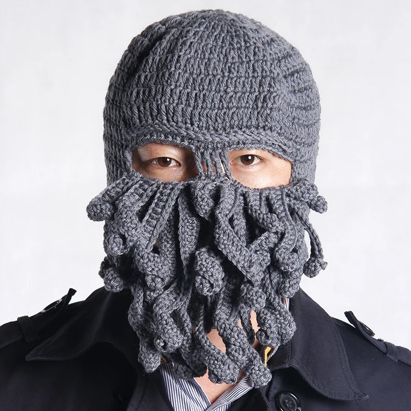 Handmade Funny Tentacle Octopus Hat Crochet Cthulhu Beard Beanie Men's Women's Knit Wind Mask Cap Halloween Animal Gift