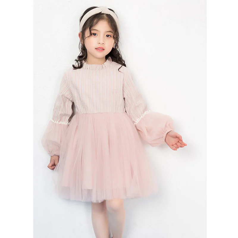 Модное цельное тюлевое платье принцессы розового цвета с длинными рукавами для