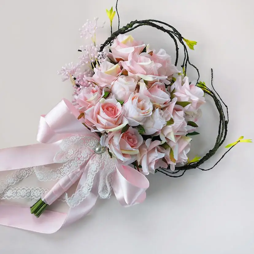 

AYiCuthia Creative Rattan Heart-Shaped Wedding Bouquet of Flowers Rose Pink Fresh Sen knot Wedding Bride Flowers 132