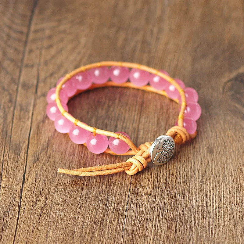 3pcs/set Bohemia Leather Bracelet Set for Women Pink Opal Beaded Strand Charms Boho Party Beach Handmade Jewelry Gift | Украшения и