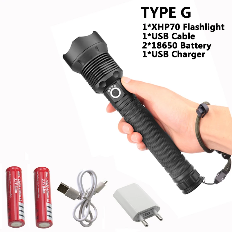 TYPE G Ультра яркий фонарик xhp70, xhp50, зарядка через usb, лампа с зумом, ударопрочный, для самообороны, для улицы, мощный светодиодный фонарь для кемпинга - Испускаемый цвет: TYPE G