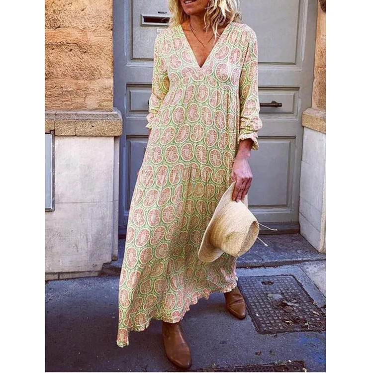 Женское платье макси с длинным рукавом Boho Пляжное цветочным принтом на осень