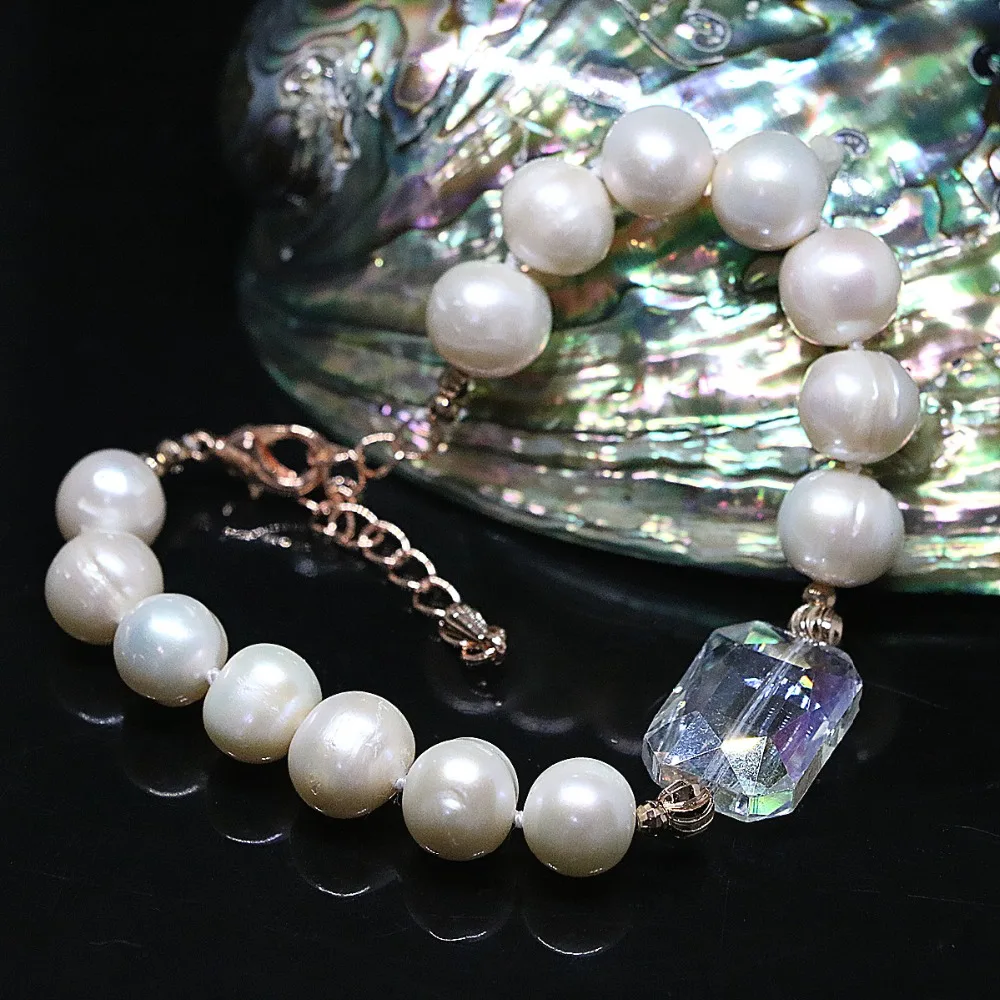 Trendy natural freshwater pearl 9-10mm 4 colors women bracelet crystal beads rose gold-color clasp jewelry B1403 | Украшения и