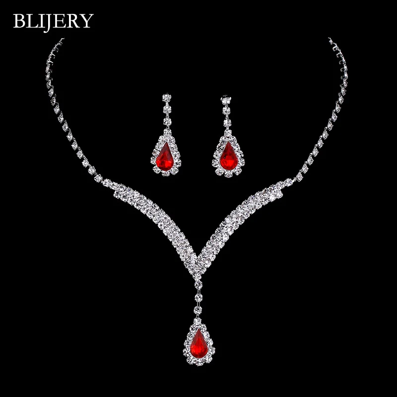 

BLIJERY Silver Plated V Shaped Bridal Jewelry Sets Red Crystal Teardrop Choker Necklace Earrings Wedding Jewelry Sets for Women