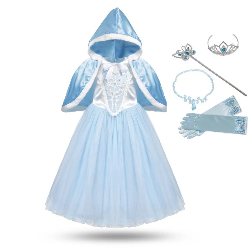Blue Dress with Acc VOGUEON платье Золушки для девочек костюм с пышными рукавами Бисер цветочный плащ косплэй платья женщин маленьких детская одежда на Хэллоуин - Цвет: Blue Dress with Acc