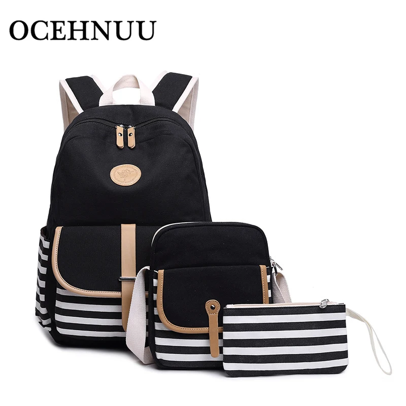

OCEHNUU Student School Bags For Teenage Girls Set Canvas Backpack Women Shoulder Bag Black 15.6Inch Laptop Bagpack Female Travel