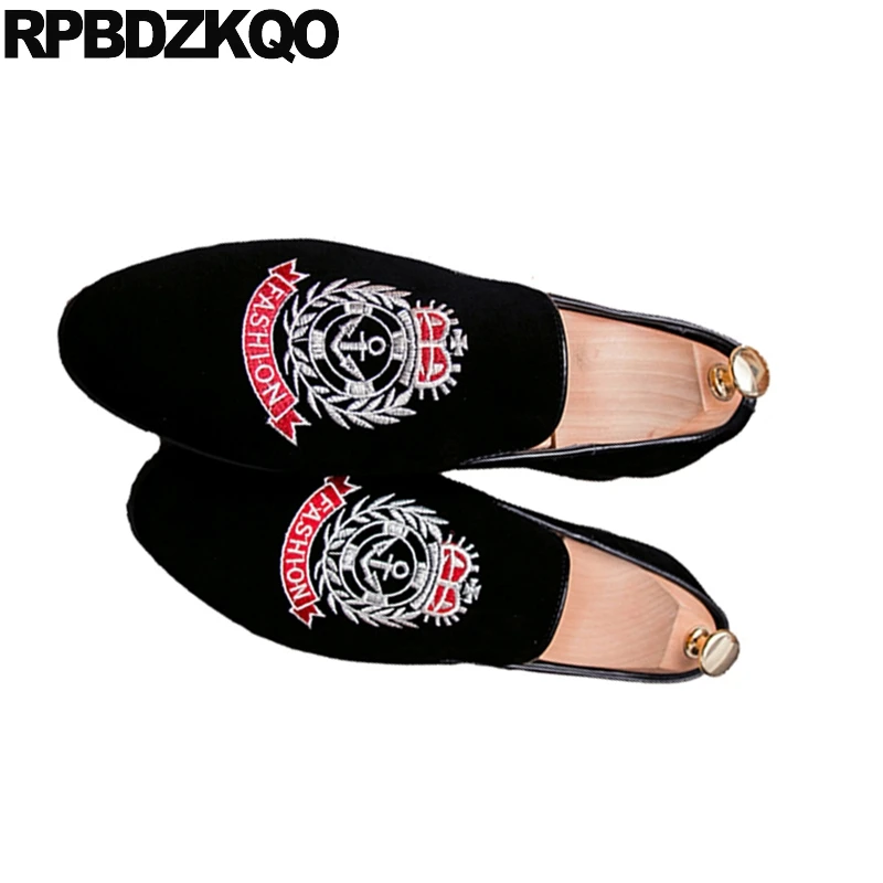 Embroidery Large Size Smoking Slippers Pointed Toe Loafers Runway Italian Mens Shoes Brands European Pointy Party Black Velvet | Обувь