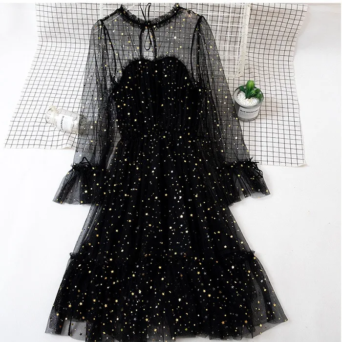 Young Gee Модные женские прозрачные платья с блестками vestidos verano романтическое сексуальное Сетчатое милое свободное платье с оборками - Цвет: Черный