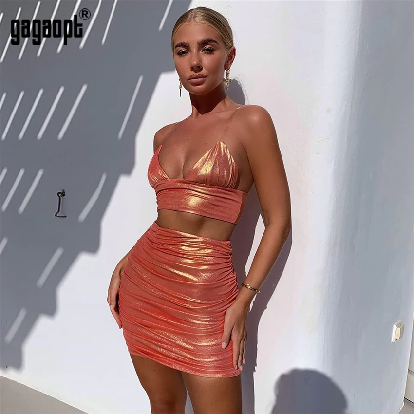 Gagaopt сексуальный топ и платье 2 шт флэш материал набор женский без рукавов