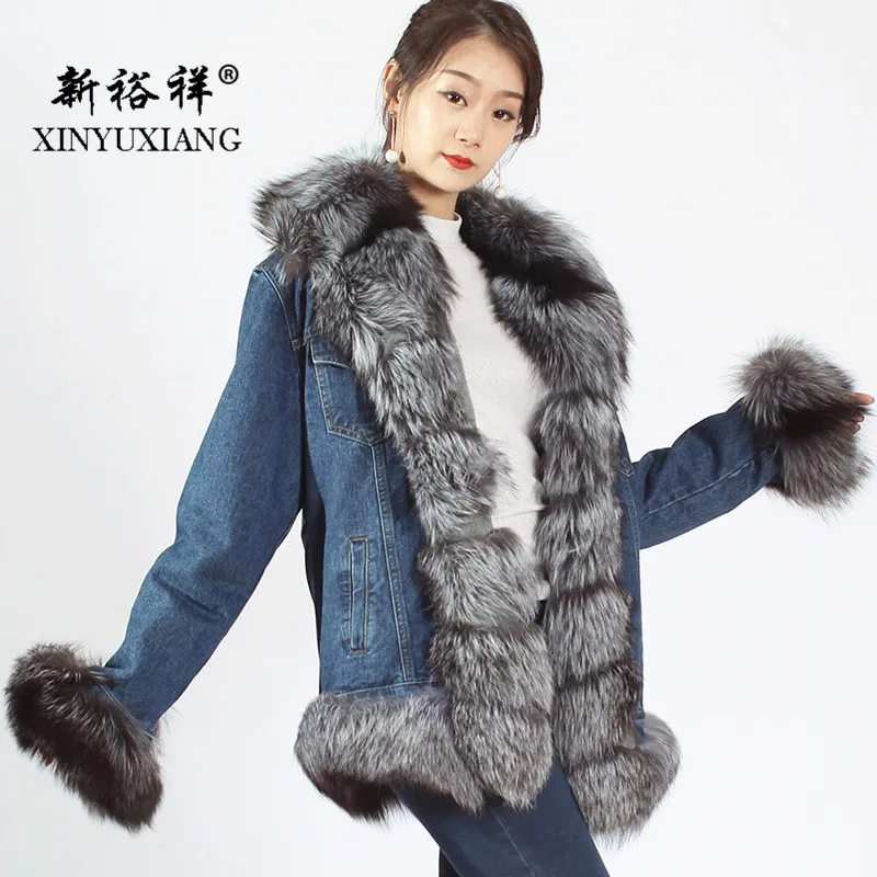 XINYUXIANG 2018 модные серые джинсовые куртки с натуральным лисьим мехом верхняя одежда