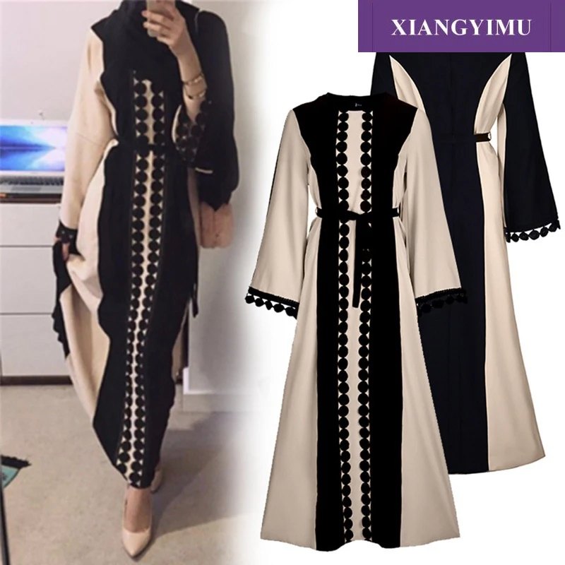 Черный F8849-2 XIANGYIMU мусульманское открытое Абая платье элегантный кружевной кардиган халат кимоно Джаба Рамадан - Цвет: Черный