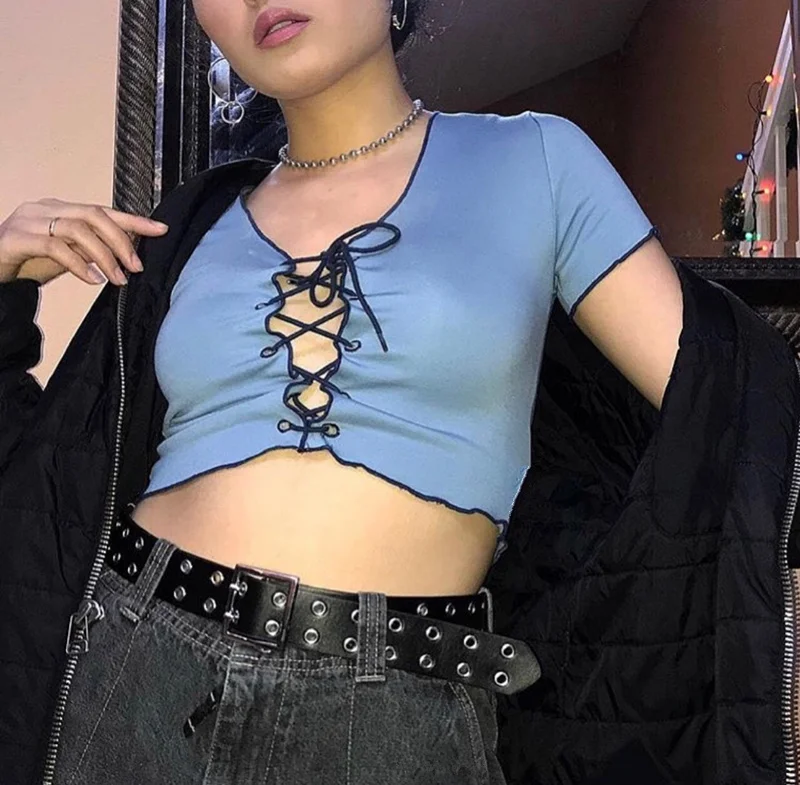 Винтажный кроп топ в стиле Харадзюку панк на шнуровке|crop tshirt|crop topcrop top tshirt |