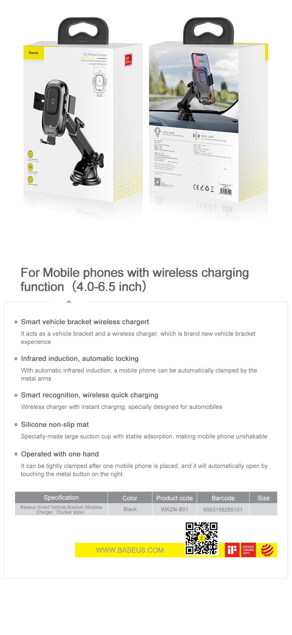 Baseus 10 Вт Qi автомобильное беспроводное зарядное устройство для iPhone X XS 8 samsung S10 S9 инфракрасная индукция быстрая Беспроводная зарядка автомобильное зарядное устройство для телефона