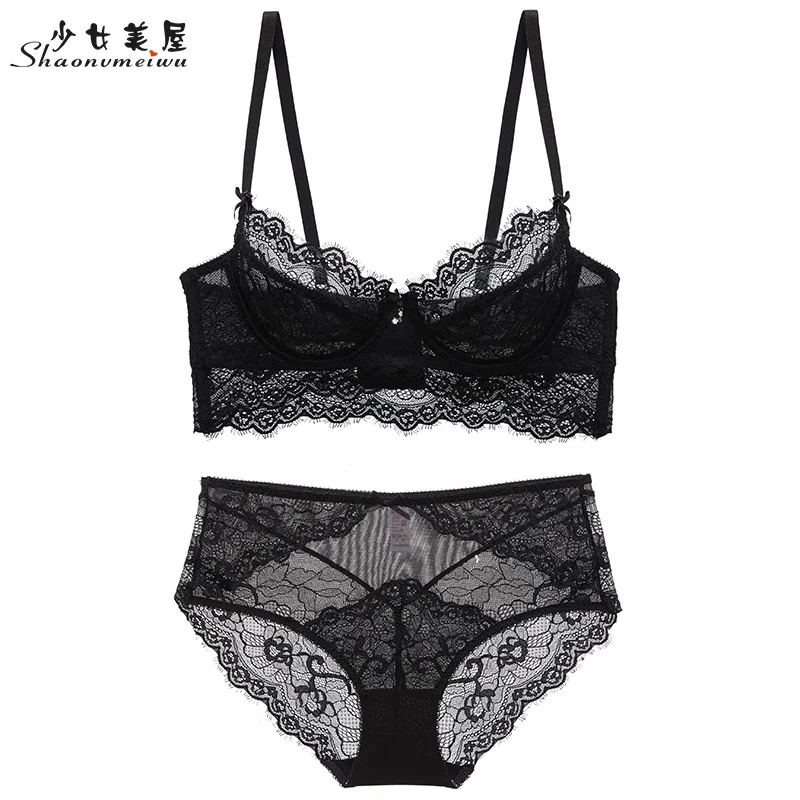 shaonvmeiwu Sexy lashes, lace, ultra-thin, non-sponge, undergarment, bra set with steel ring, large breasts, small size - Цвет: Черный