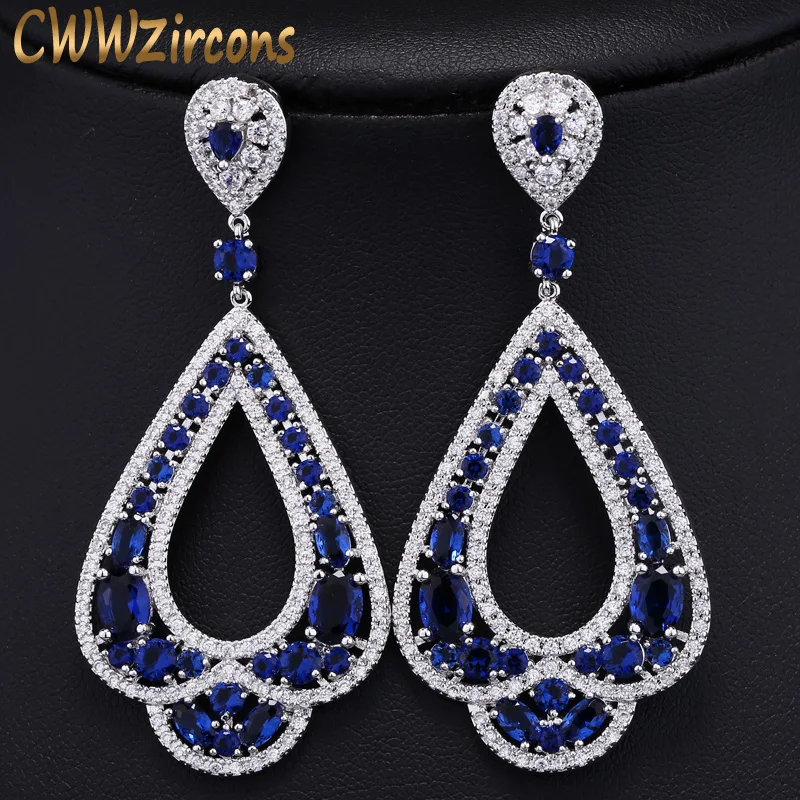 CWWZircons элегантные CZ свадебные ювелирные изделия роскошные длинные висячие кубический цирконий Большой Королевский синий свадебные серьги для невест CZ197