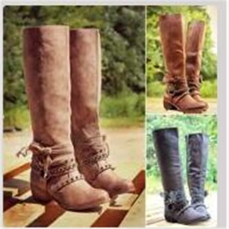 Однотонные ковбойские длинные сапоги на шнуровке для женщин низком квадратном