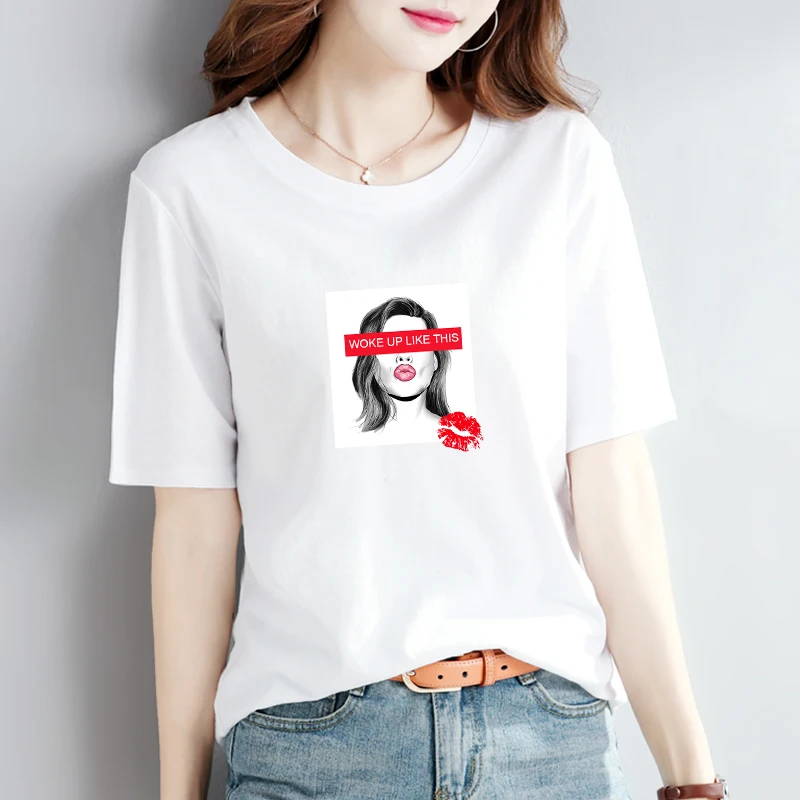 Повседневная Женская футболка с принтом красных губ однотонные Модные топы