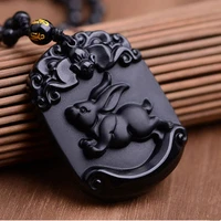 natural black obsidian pendant carved chinese zodiac lovely rabbit pendant bead necklace lucky amulet men womens jewelry