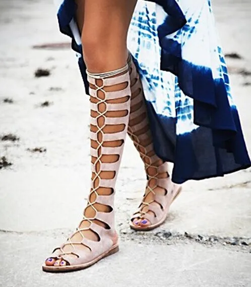 Новая мода Весна Осень над коленом сапоги Полых обувь плоским peep toe туфли На