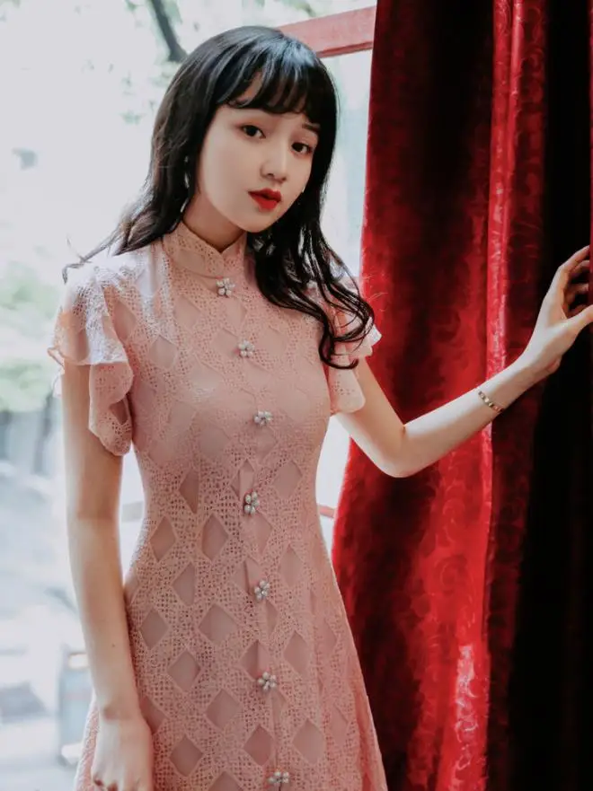 Женское элегантное Кружевное платье-Ципао розовое платье с разрезом и