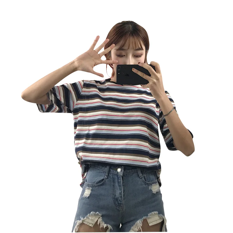 Футболка Femme 2019 Летняя женская одежда корейский стиль Ulzzang Harajuku полосатая