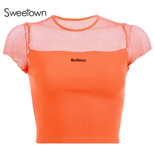 Sweetown, оранжевая сетка, пэчворк, укороченные летние топы, шикарная, Vogue, вышивка, футболка, Femme, короткий рукав, прозрачная, Сексуальная футболка - Цвет: orange