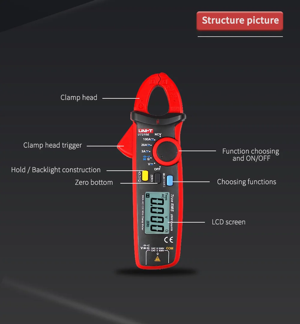 UNI-T True RM Цифровые токовые клещи UT210E измеритель емкости Бесконтактный мультиметр UT210B AC/DC диод Высокоточный измеритель