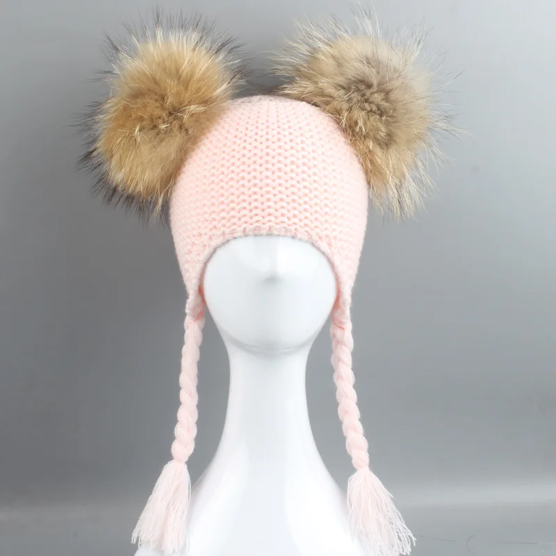 Фото Детский акриловый головной убор с помпоном из меха енота зимние детские шапки