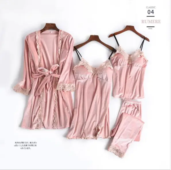 Women Spring Pajamas Set Pijama Sexy Home Suit Female Gold Velvet 4 Piece Sleepwear Pyjama Femme Tracksuit Night Fdfklak | Женская