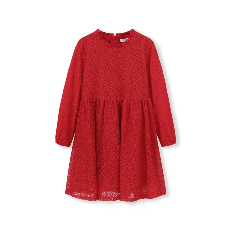 Balabala Girls Flared Long-sleeved Lace Dress 100% Cotton Lined with Ruffled Collar Teenage Girl Knee Wedding Party | Детская одежда и