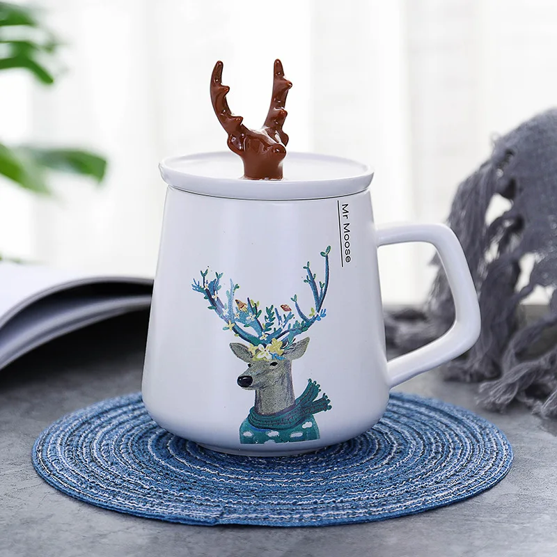 The scarf deer Креативные керамические чашки с изображением рога в скандинавском стиле с крышкой, кружки с рисунками из мультфильмов, кружки для влюбленных, кружки для кофе, милые молочные кружки, рождественские кружки - Цвет: The scarf deer