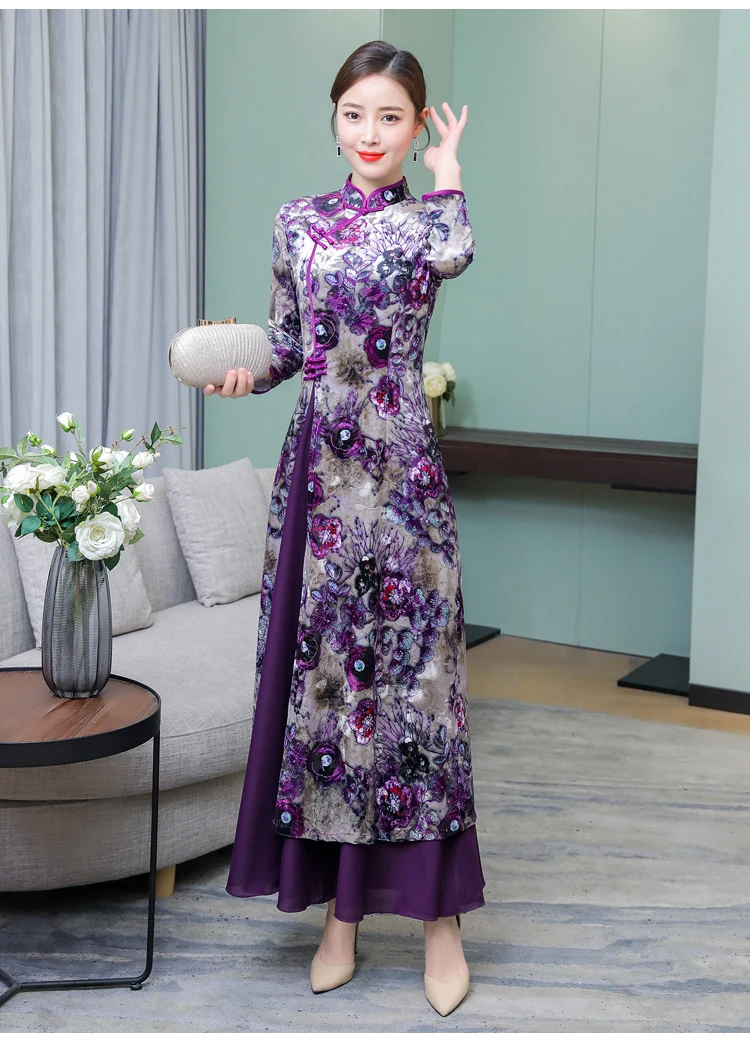 Весна классический стиль платье Чонсам с длинным рукавом фиолетовый cheongsam женская цветочная печать Вьетнам Бархат длинное qipao