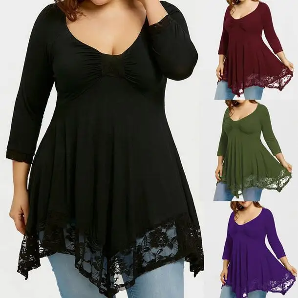 Кружевная туника размера плюс 5XL с глубоким v образным вырезом женская одежда