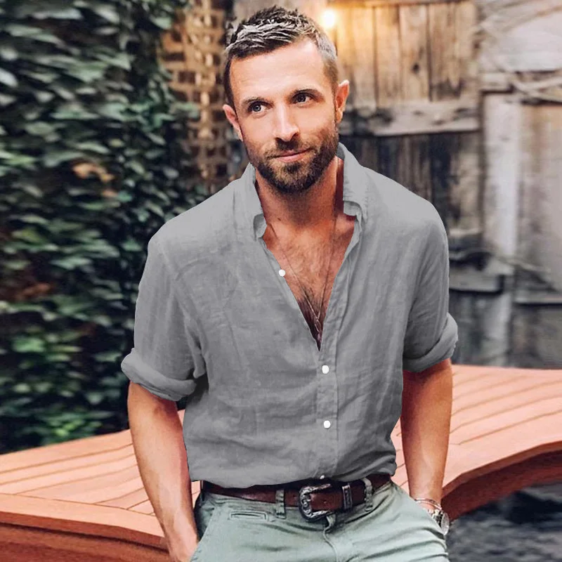 

New Sexy Shirt Solid Color Men's Loose Smart Casual Shirts Long Sleeve V-Neck Button White Shirts Autumn Male Clothes Basic Tops