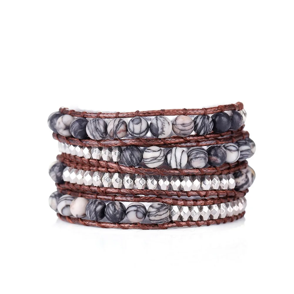 Fyla Mode Unique Natural 6mm Stone Beads Wax Cord Wrap Bracelet Personalized Multi Layered | Украшения и аксессуары
