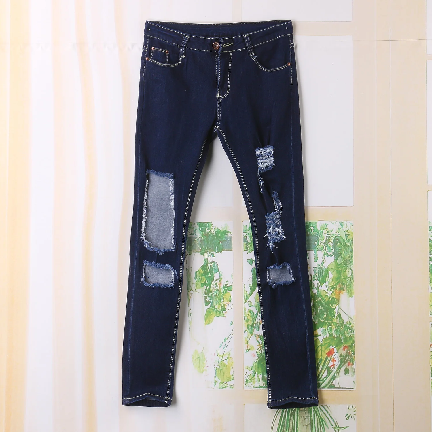 Женские рваные потертые тонкие джинсовые брюки с дырками синие брюки|jeans trousers|hole