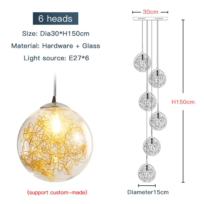 6 heads Art deco custom villa circular hand blown round glass spiral hanging high ceilings staircase modern lights for home chandelier - Цвет абажура: 6 heads