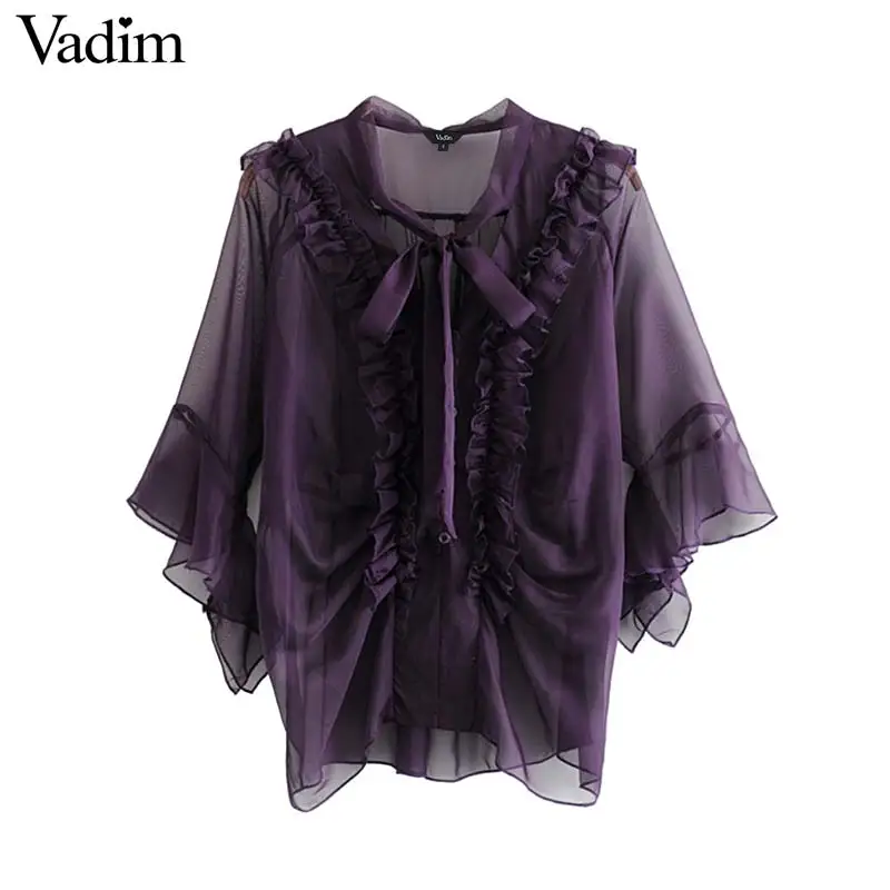 Vadim women stylish solid V neck blouse ruffles bow tie mesh transparent three quarter sleeve female summer wear tops DA405 |