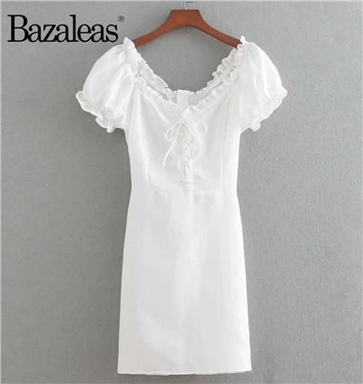 BB38 X21 white Bazaleas короткое летнее платье на шнуровке спереди с рюшами и короткими рукавами, облегающие пляжные платья на каждый день - Цвет: BB38 X21 white