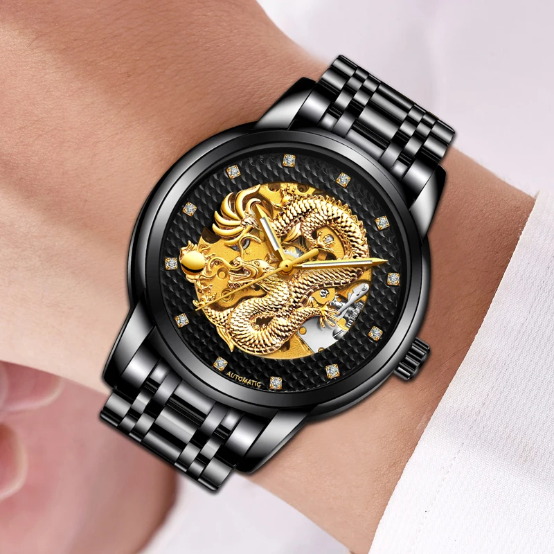 LIGE Роскошные автоматические механические наручные часы с драконом кожаные