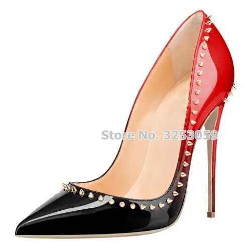 color5 12cm heel Альмудена Очаровательная золотого цвета с заклепками, на высоком каблуке женские туфли-лодочки бежевый и черный цвета Лакированная кожа Украшенные шипами туфли для ночного клуба настоящая фотография; Прямая поставка - Цвет: color5 12cm heel