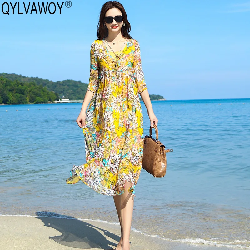 Женское шелковое платье миди с цветочным принтом желтое винтажное в Корейском