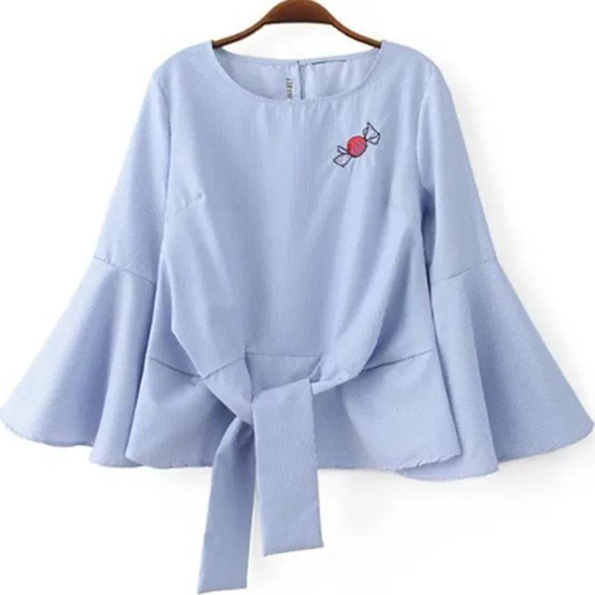 Женский Галстук Спереди Топ ярких цветов в полоску с вышивкой расклешенные