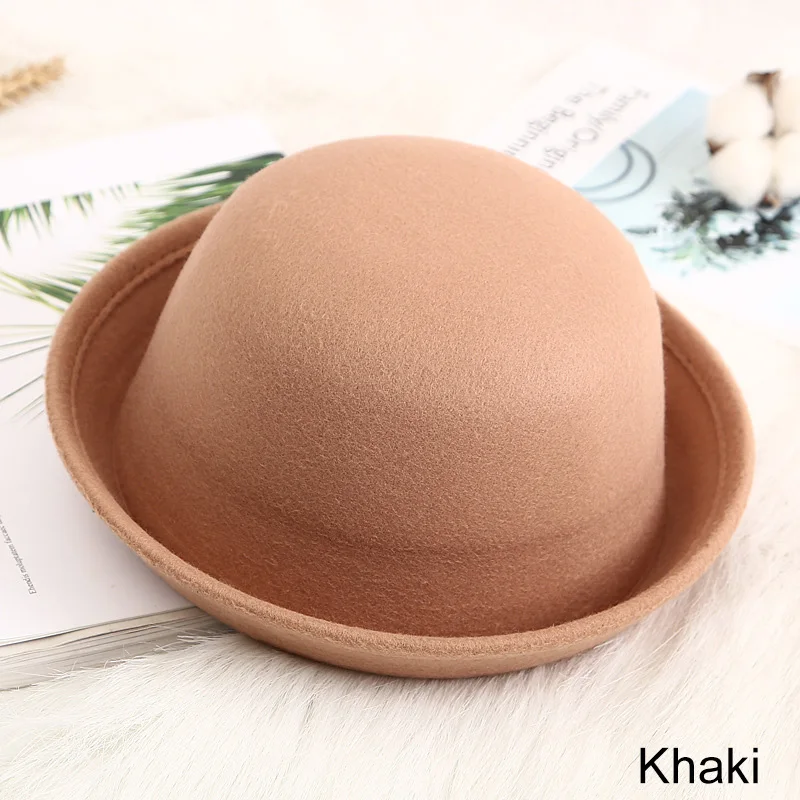 Khaki REAKIDS/Детские зимние классические винтажные теплые детские фетровые кепки в стиле джаз; повседневные хлопковые однотонные милые уличные шапки; маленькие шляпы - Цвет: Khaki