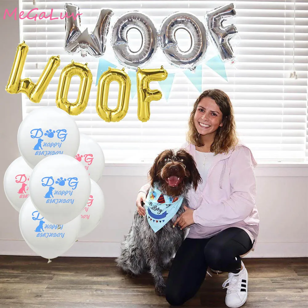 

10pcs 12inch Dog Happy Birthday Latex Balloon Gold 16inch WOOF Foil Balony Dog Birthday Party Supplies Decorations Globos