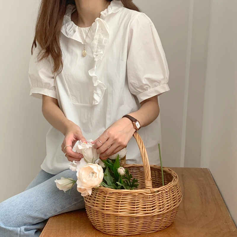 Рубашка женская с оборками летняя винтажная Повседневная Блузка коротким
